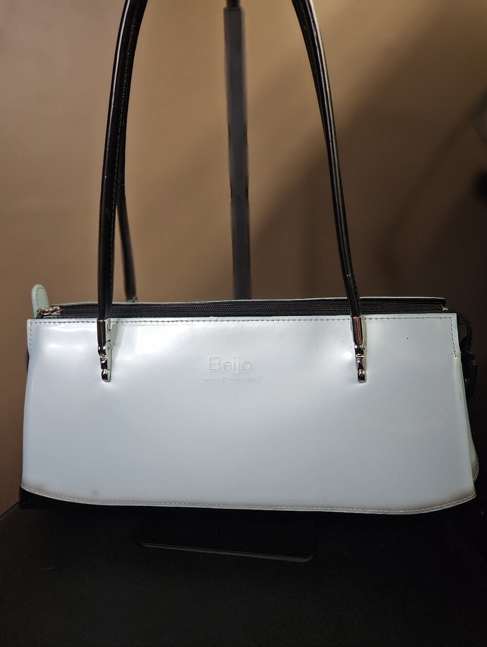 Beijo London Paris New York Powder Blue Patent Baguette Bag with Black Straps